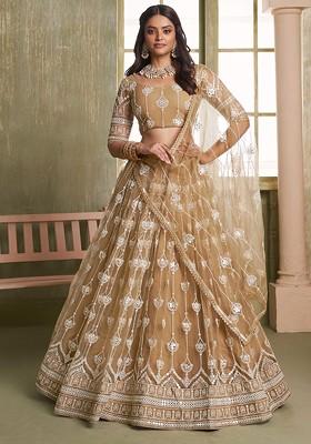 Beige Sequin Thread Embroidered Net Lehenga Set