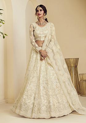 Off White Embroidered Net Lehenga Set