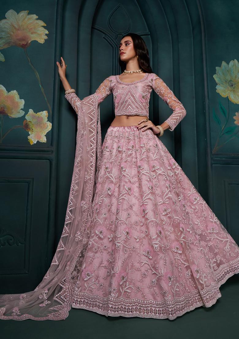Dusty Pink Embroidered Georgette Lehenga Set