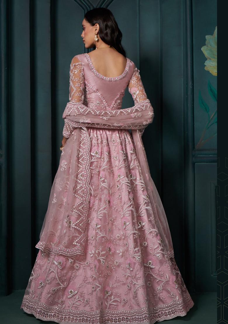 Dusty Pink Embroidered Georgette Lehenga Set