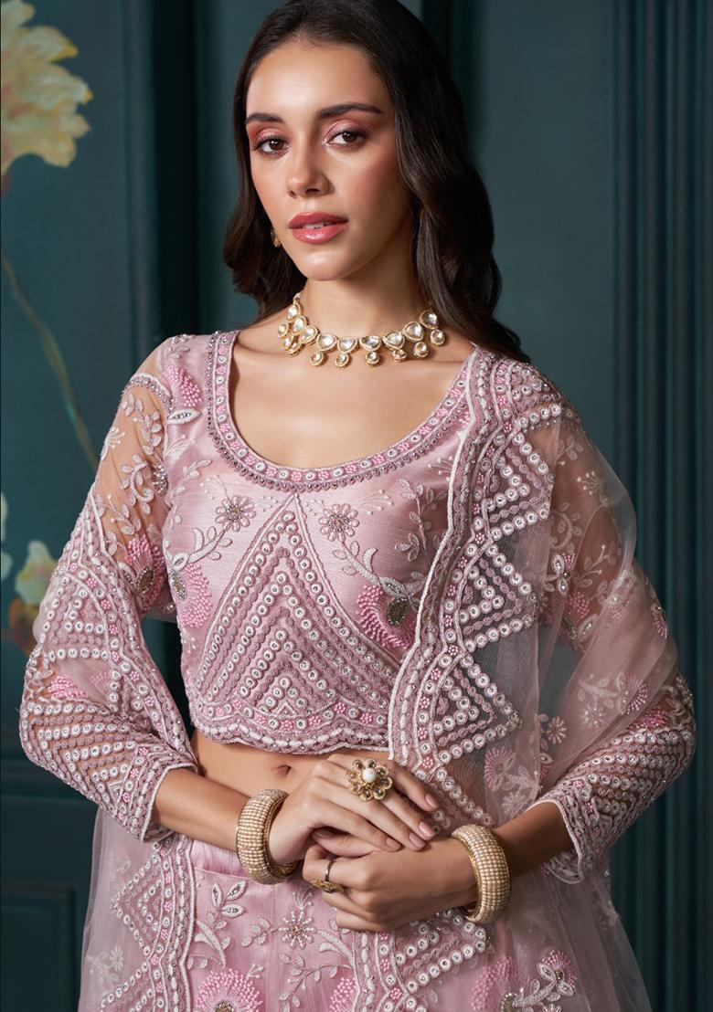 Dusty Pink Embroidered Georgette Lehenga Set