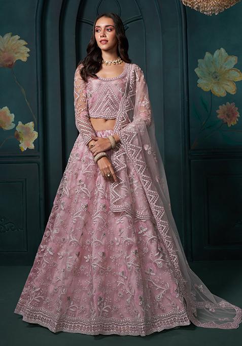 Dusty Pink Embroidered Georgette Lehenga Set