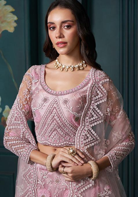 Dusty Pink Embroidered Georgette Lehenga Set