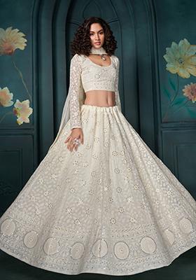 Off White Embroidered Georgette Lehenga Set