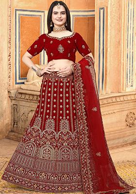 Red Embroidered Velvet Lehenga Set