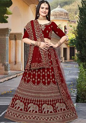Red Embroidered Velvet Lehenga Set