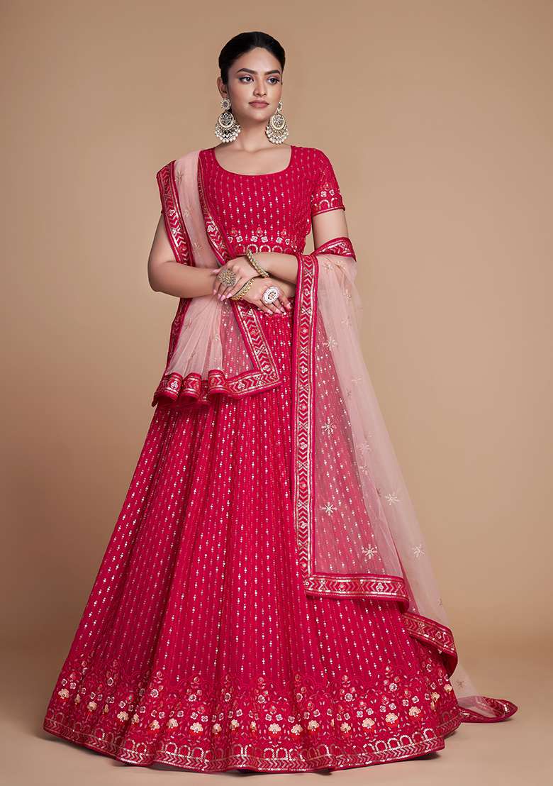 Red Georgette Lehenga Set with Embroidered for Diwali | Wedding & Festive Wear - Indya
