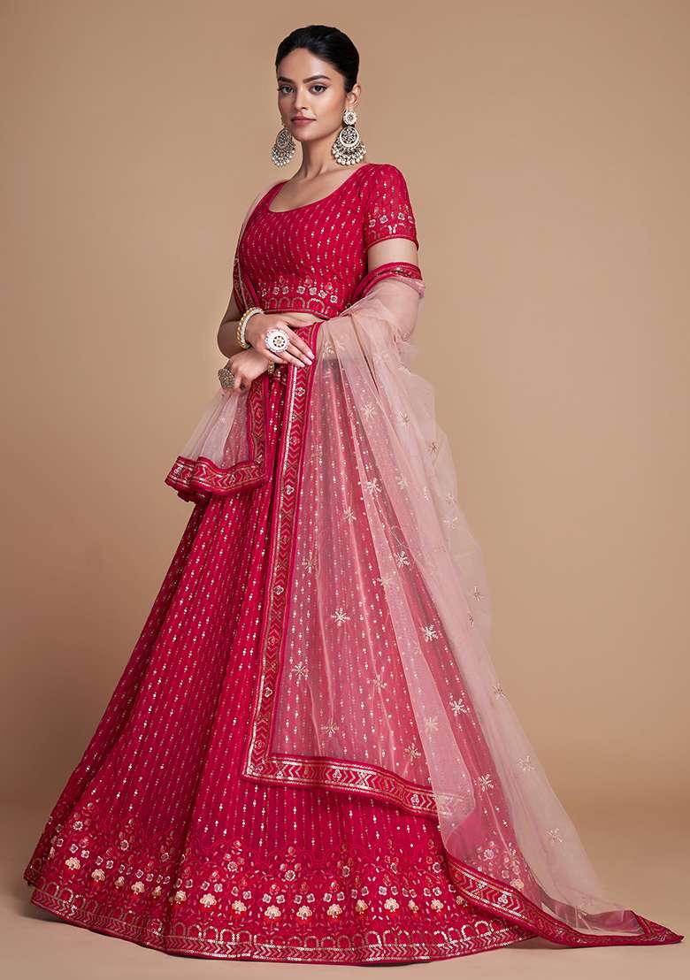 Red Georgette Lehenga Set with Embroidered for Diwali | Wedding & Festive Wear - Indya