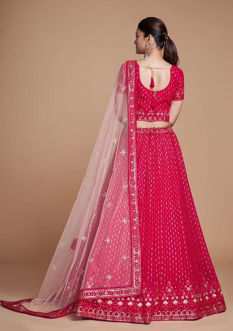 Red Georgette Lehenga Set with Embroidered for Diwali | Wedding & Festive Wear - Indya