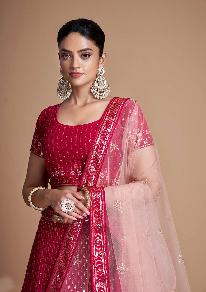 Red Georgette Lehenga Set with Embroidered for Diwali | Wedding & Festive Wear - Indya