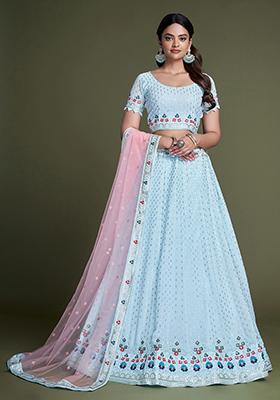 Aqua Blue Embroidered Georgette Lehenga Set