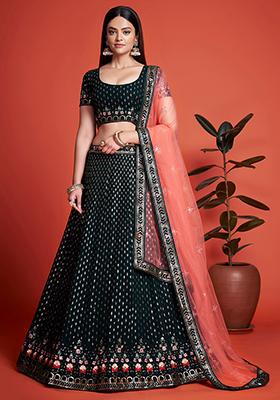 Green Embroidered Georgette Lehenga Set