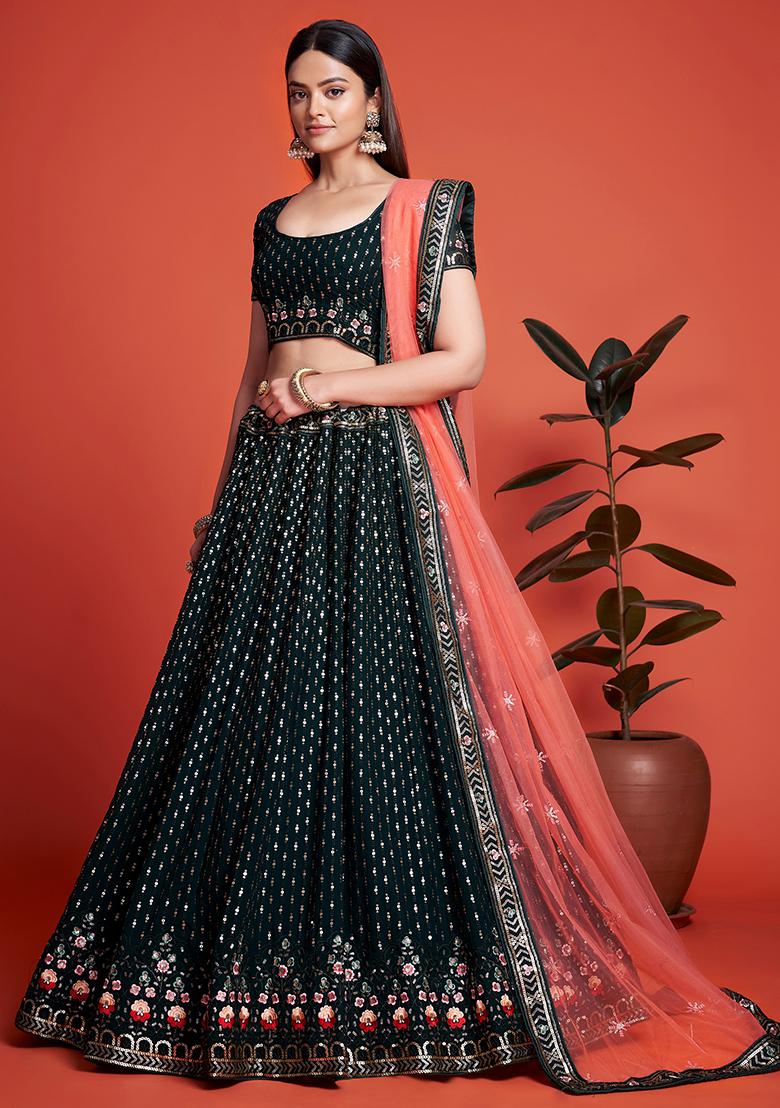 Green Embroidered Georgette Lehenga Set