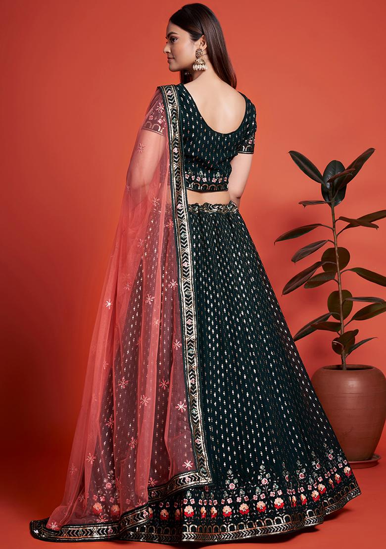 Green Embroidered Georgette Lehenga Set