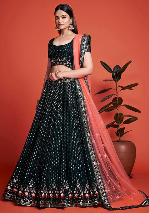 Green Embroidered Georgette Lehenga Set