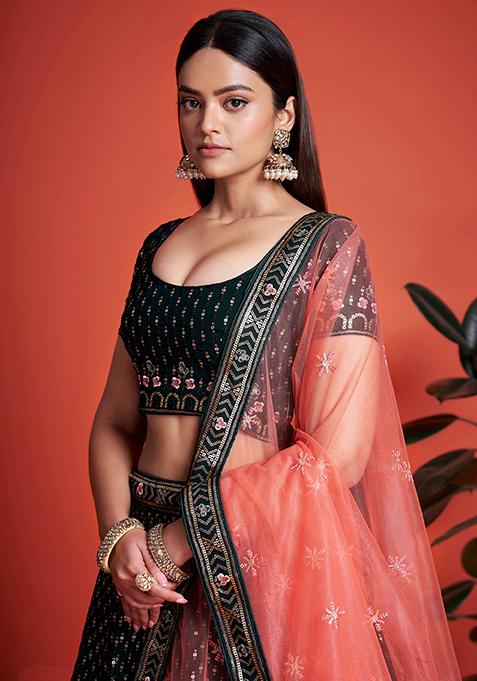 Green Embroidered Georgette Lehenga Set