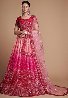 Pink Embroidered Chinon Lehenga Set