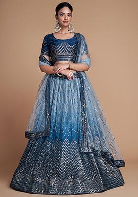 Blue Embroidered Chinon Lehenga Set