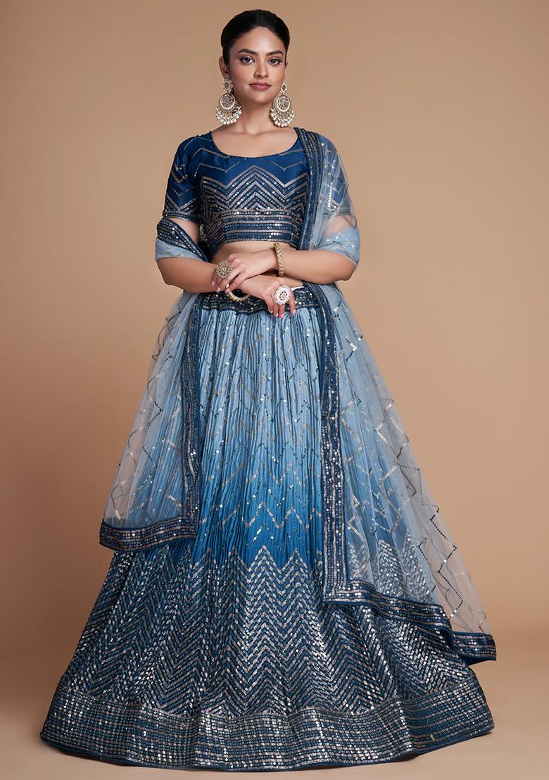 Blue Embroidered Chinon Lehenga Set