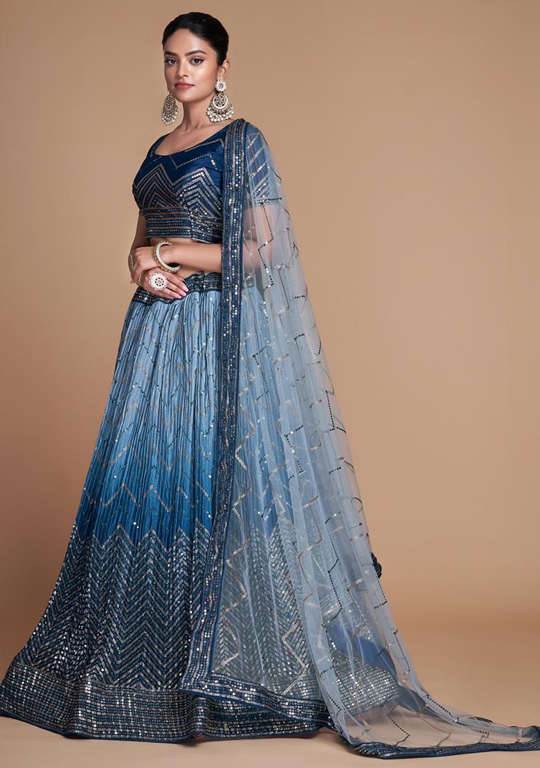 Blue Embroidered Chinon Lehenga Set