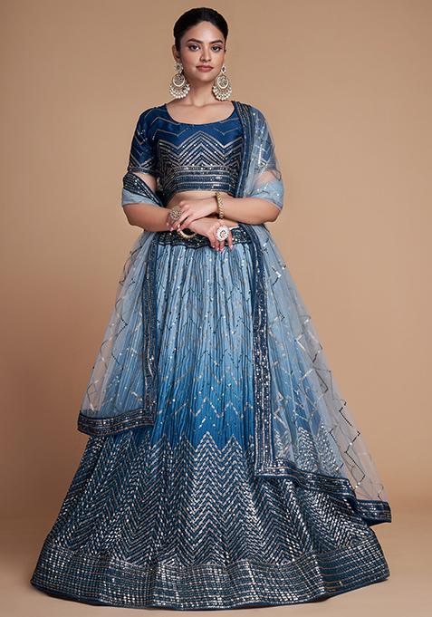 Blue Embroidered Chinon Lehenga Set