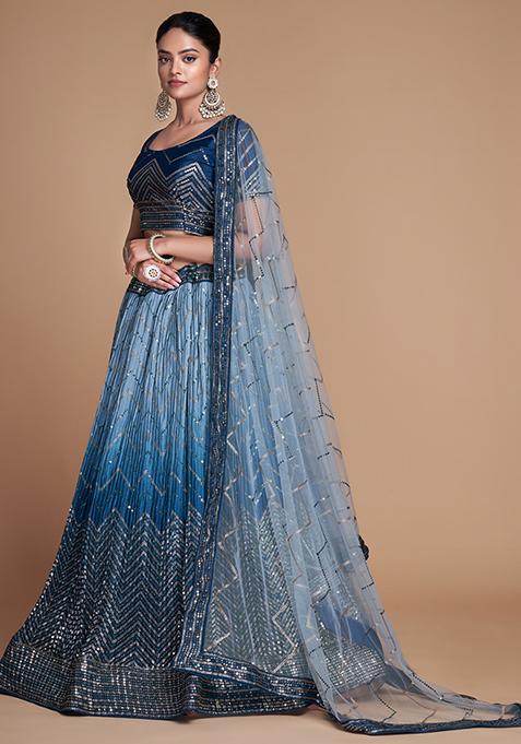 Blue Embroidered Chinon Lehenga Set