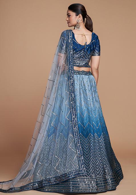 Blue Embroidered Chinon Lehenga Set