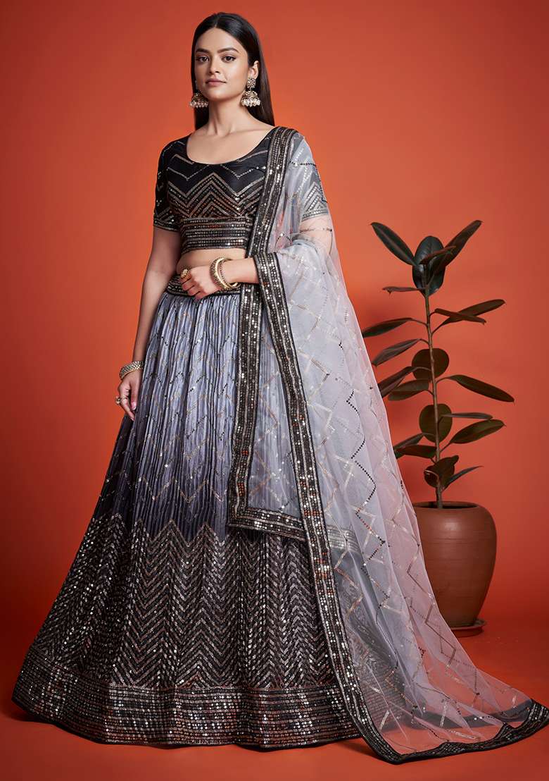 Grey Embroidered Chinon Lehenga Set for Diwali and Festive Wear - Indya