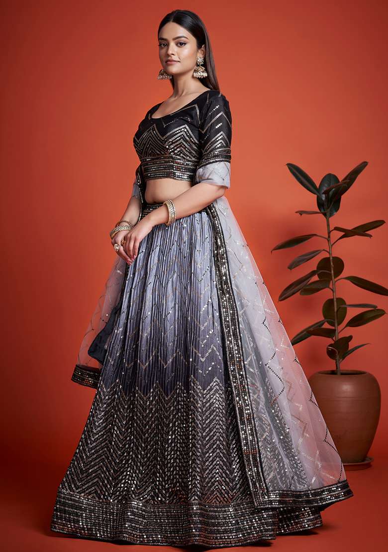 Grey Embroidered Chinon Lehenga Set for Diwali and Festive Wear - Indya