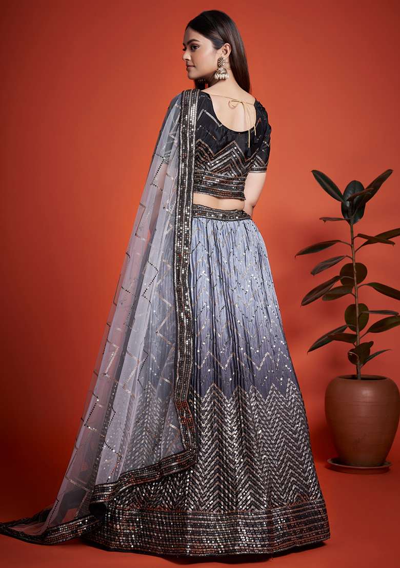 Grey Embroidered Chinon Lehenga Set for Diwali and Festive Wear - Indya