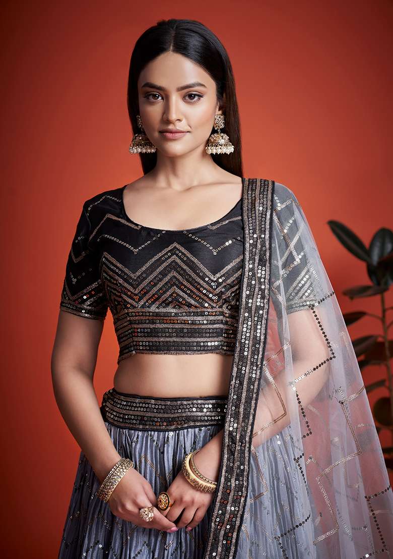 Grey Embroidered Chinon Lehenga Set for Diwali and Festive Wear - Indya