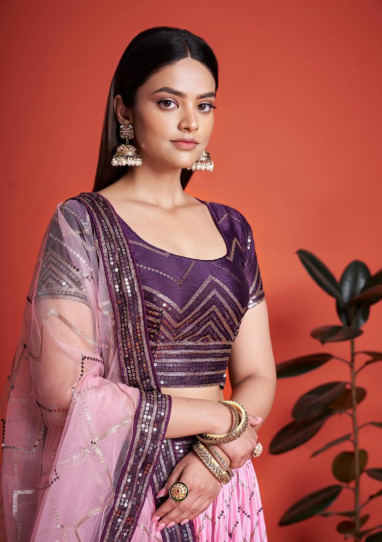 Purple Embroidered Chinon Lehenga Set