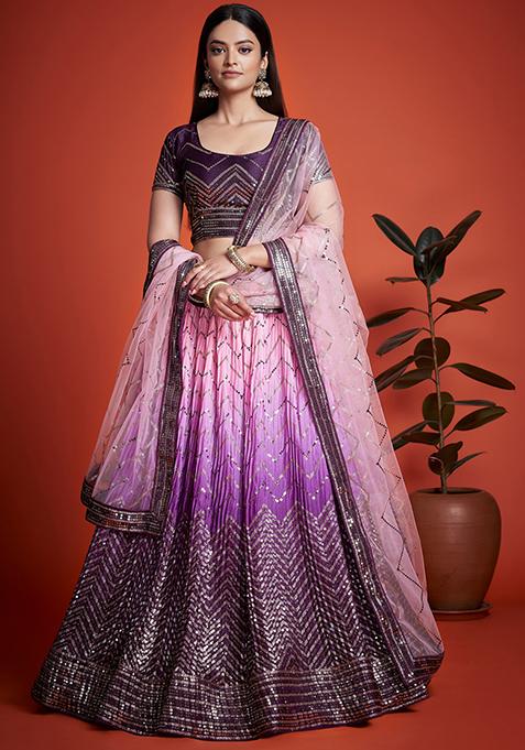 Purple Embroidered Chinon Lehenga Set