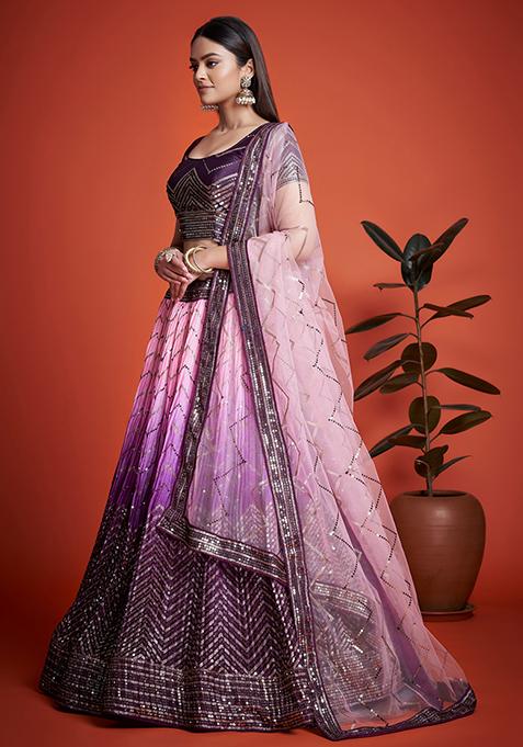 Purple Embroidered Chinon Lehenga Set