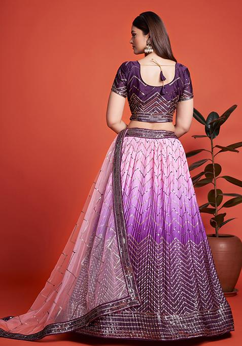 Purple Embroidered Chinon Lehenga Set