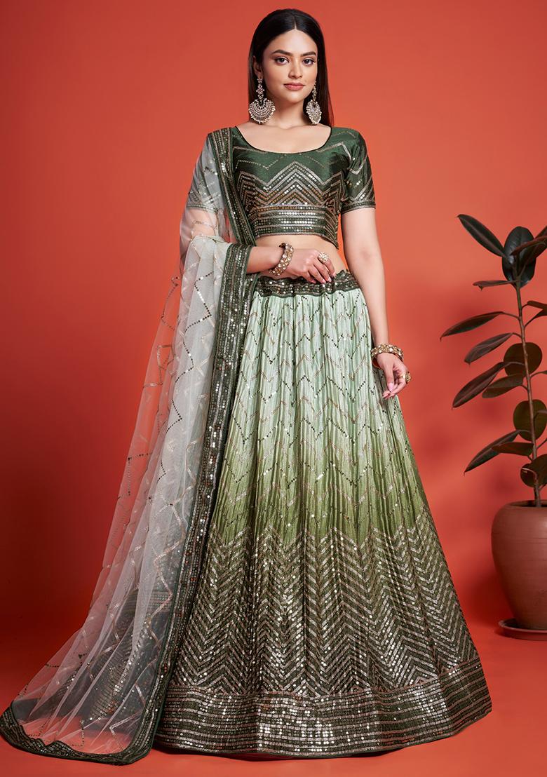 Green Embroidered Chinon Lehenga Set