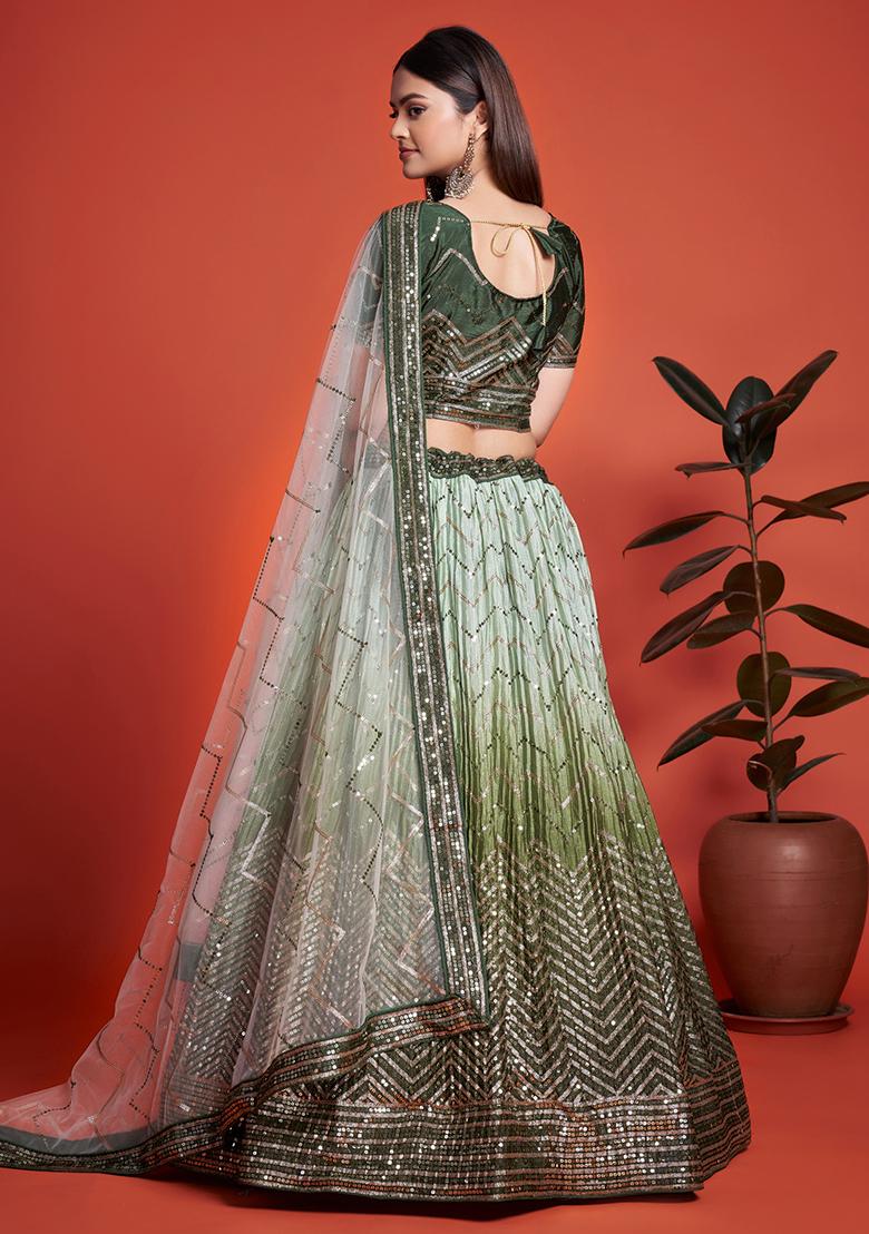 Green Embroidered Chinon Lehenga Set
