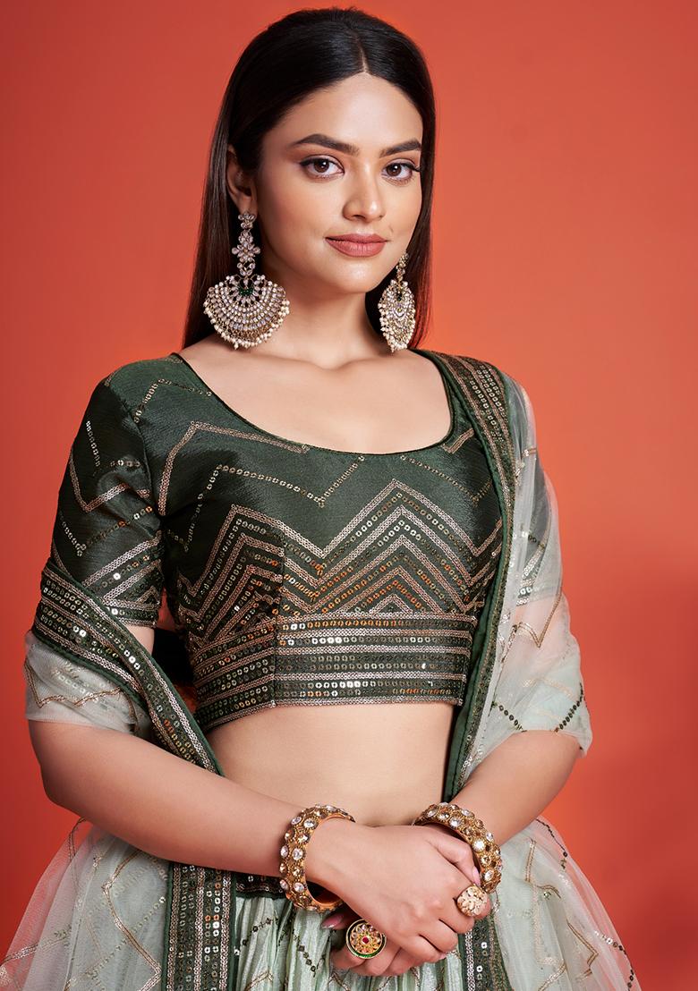 Green Embroidered Chinon Lehenga Set - Indya