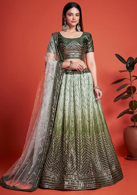 Green Embroidered Chinon Lehenga Set