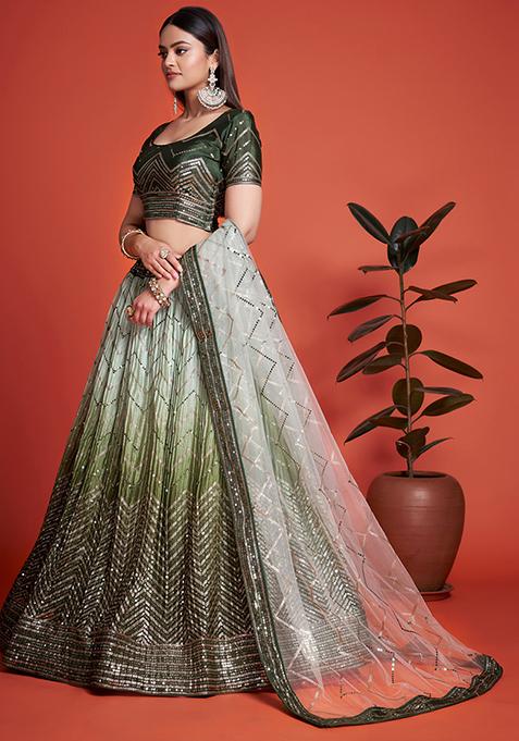 Green Embroidered Chinon Lehenga Set