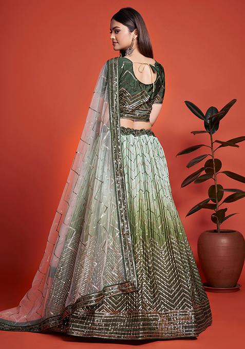 Green Embroidered Chinon Lehenga Set