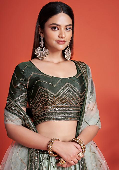 Green Embroidered Chinon Lehenga Set