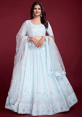 Blue Embroidered Georgette Lehenga Set