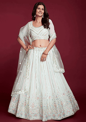 Light Green Embroidered Georgette Lehenga Set
