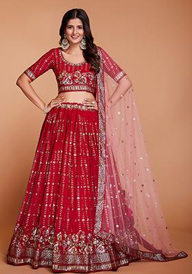 Red Embroidered Georgette Lehenga Set