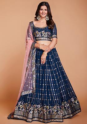 Teal Blue Embroidered Georgette Lehenga Set