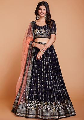 Dark Blue Embroidered Georgette Lehenga Set
