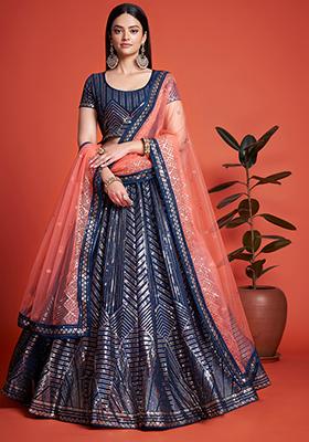 Blue Embroidered Georgette Lehenga Set