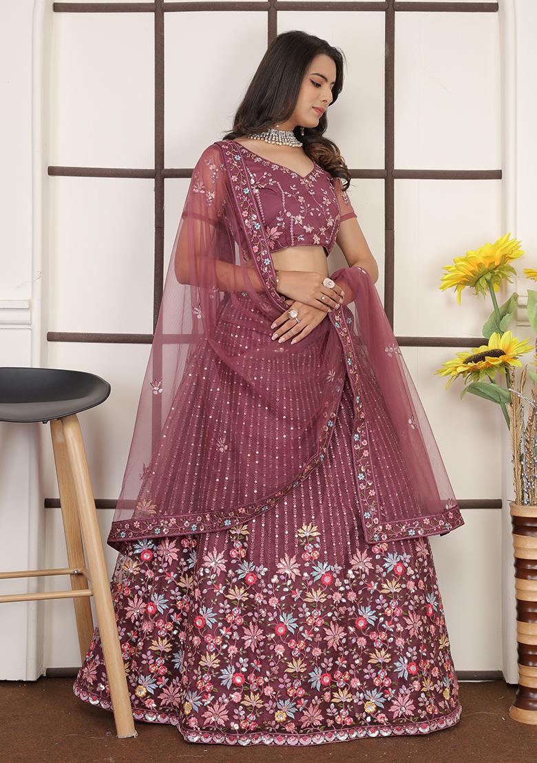 Bright Red Embroidered Butter Net Lehenga Set - Indya