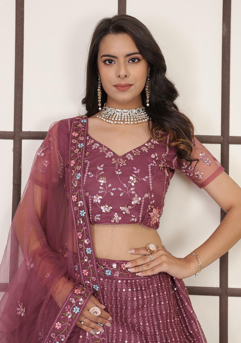 Bright Red Embroidered Butter Net Lehenga Set - Indya